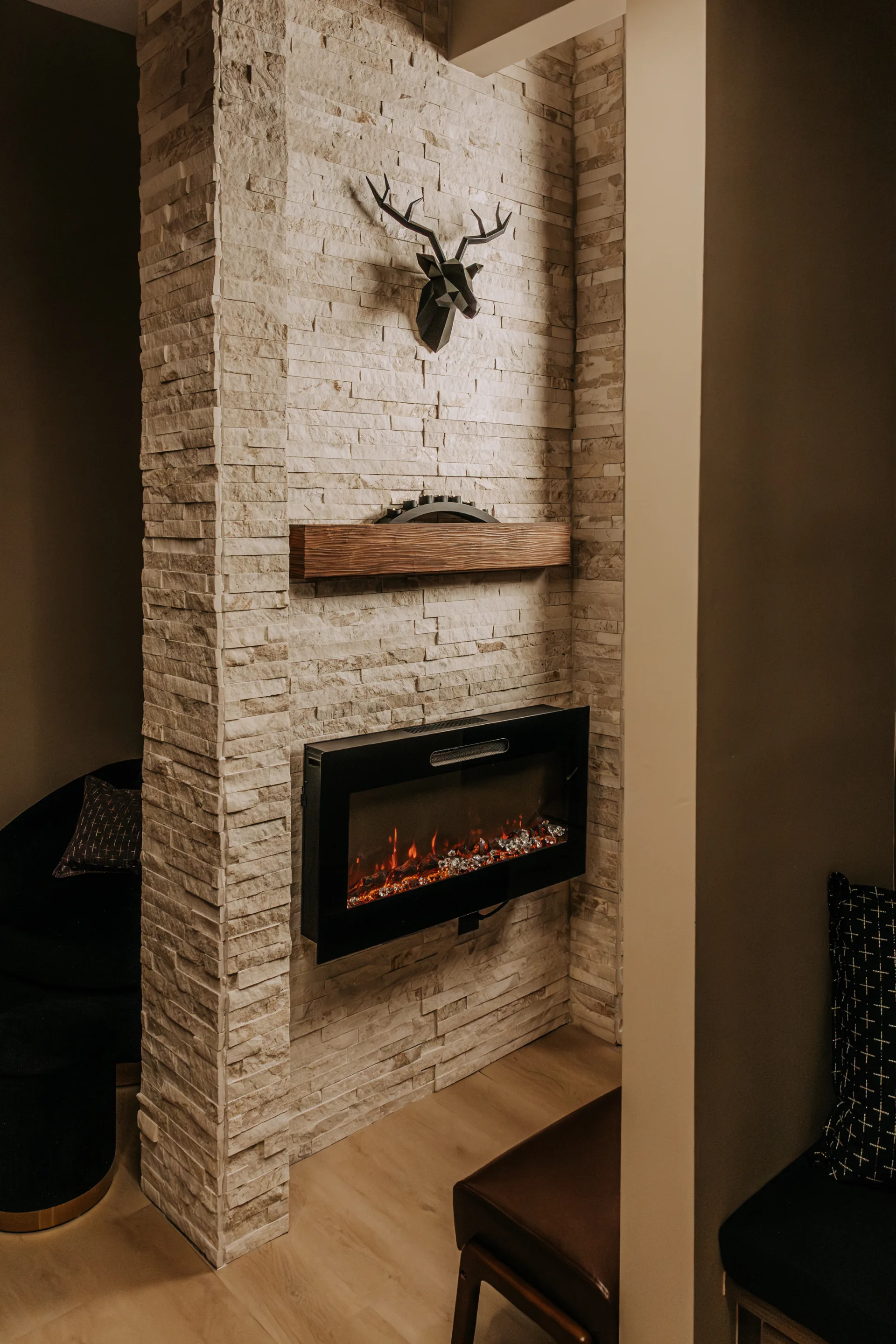 The fireplace in the Retreat Room at Spavia Day Spa